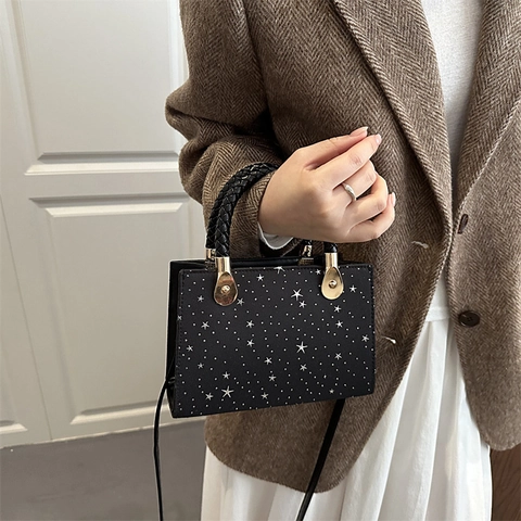 Women Star Print Synthetic Leather Handbag With Braided Handle Gold Hardware Small Square Shoulder Crossbody Bag