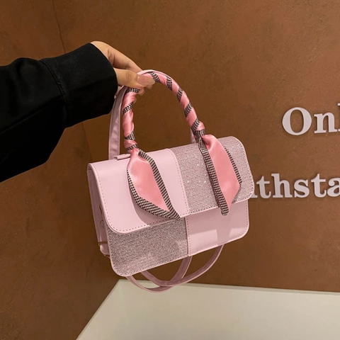 Mode Dames Pailletten Patchwork Schoudertas Met Zijden Sjaal Handvat Synthetisch Leer Vierkante Crossbody Handtas