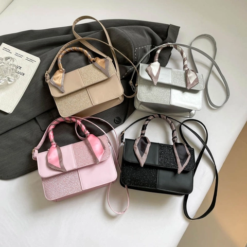 Mode Dames Pailletten Patchwork Schoudertas Met Zijden Sjaal Handvat Synthetisch Leer Vierkante Crossbody Handtas