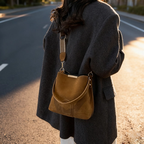 Damen Hochwertige Wildleder Beuteltasche Retro Matte Schultertasche Mit Breitem Riemen Mode Pendler Umhängetasche