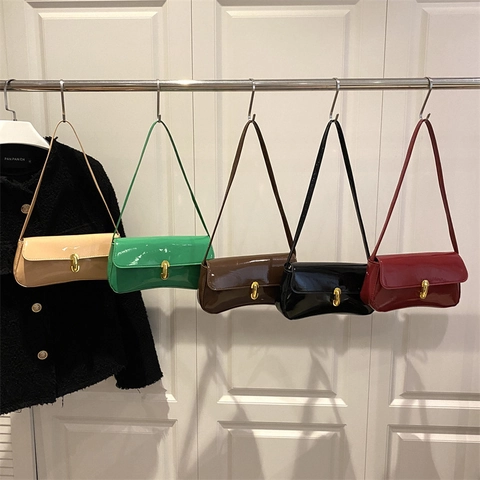 Vintage Glänzend PU Leder Unterarmtasche Für Damen Mode Goldene Schnalle Schultertasche Trendy Täglich Pendeln Handtasche Baguette Bag