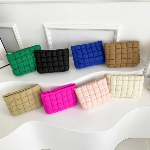 Damen Gesteppte Clutch Tasche Weich Wattierte Baumwolle Nylon Quadratische Gitter Mode Täglich Make-Up Organizer Kosmetiktasche Reißverschluss
