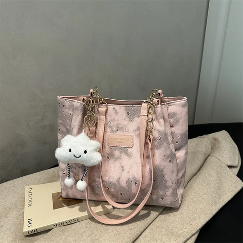 Moda Bolso de Hombro de Gran Capacidad Patrón de Estrella y Luna Estampado Bolso Tote para Mujer Urbano Simple Casual Viaje Diario Bolso de Axila Con Cadena de Metal Colgante de Nube