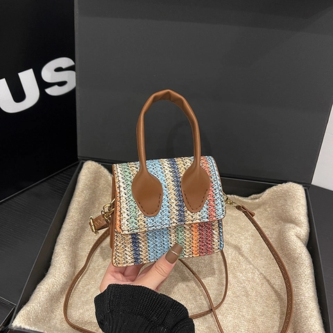 Bolso de Hombro de Paja Tejida Mini para Mujer Color de Contraste Bolso de Mano Chic Bohemio Bandolera para Vacaciones Playa Verano
