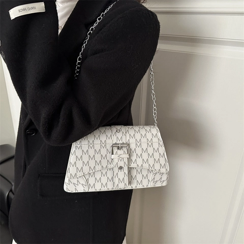 Vintage Monogram M Letter Print Women Shoulder Bag Synthetic Leather Crossbody Bag With Metal Chain Strap Retro Square Bag
