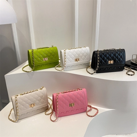 Borsa a Spalla da Donna Minimalista Trapuntata a Reticolo con Tracolla a Catena in Metallo Borsa Quadrata Piccola in Pelle PU