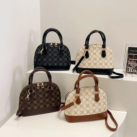 Dames Vintage Shell Handtas Synthetisch Leer Monogram Geometrisch Bedrukte Schoudertas Crossbody Mode Tas