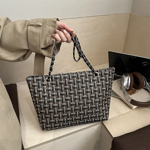 Große Kapazität Tweed Gewebte Tragetasche Für Damen Retro Karomuster Kette Schultertasche Elegante Tägliche Handtasche