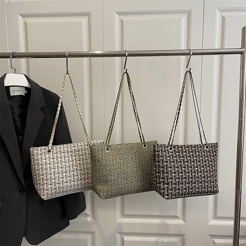 Große Kapazität Tweed Gewebte Tragetasche Für Damen Retro Karomuster Kette Schultertasche Elegante Tägliche Handtasche