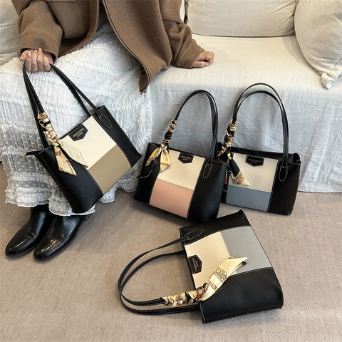 Bolso Tote Mujer Bloque De Color Cuero PU Gran Capacidad Retro Simple Diario Mano Con Pañuelo De Satén Decorativo