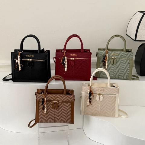 Sac à Épaule Vintage à Motifs Chevrons pour Femmes Sac à Main en Cuir Synthétique Avec Charme en Perles de Bois Tote