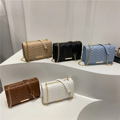 Chevron Quilted Synthetic Leather Shoulder Bag For Women Fashion Crossbody Purse With Golden Metal Chain Elegant Daily
