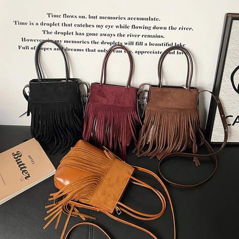 Bolso de Cubo con Flecos Bohemio Vintage para Mujer Gamuza Borla Bolso Bandolera Retro Bolso de Hombro Bolso de Mano de Diseño