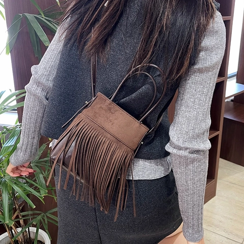 Bolso de Cubo con Flecos Bohemio Vintage para Mujer Gamuza Borla Bolso Bandolera Retro Bolso de Hombro Bolso de Mano de Diseño
