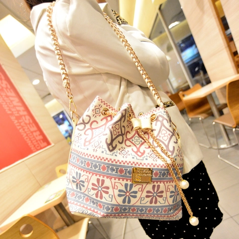Bohemian Ethno Bedruckte Segeltuch Eimertasche Für Damen Vintage Umhängetasche Mit Kettenträger Künstliche Perle Kordelzug Handtasche