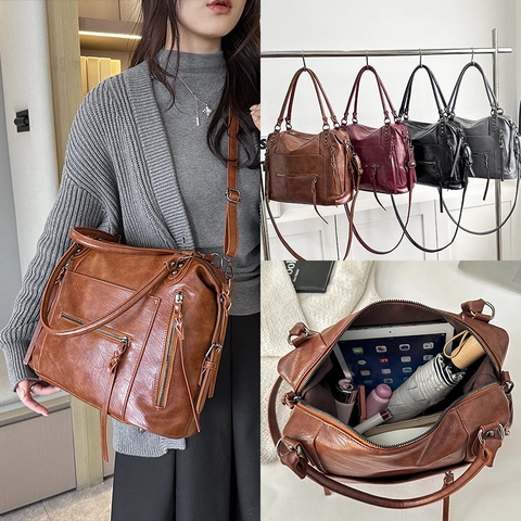 Vintage Kunstleren Schoudertas Met Grote Capaciteit Retro Motorstijl Dames Tote Handtas Multi Pocket Commuter Mode Tas