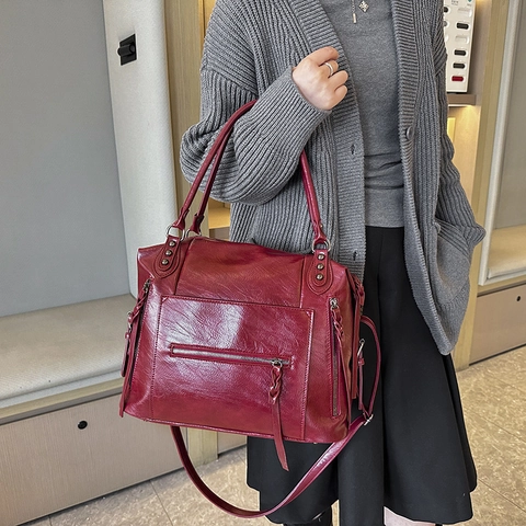 Vintage Kunstleren Schoudertas Met Grote Capaciteit Retro Motorstijl Dames Tote Handtas Multi Pocket Commuter Mode Tas