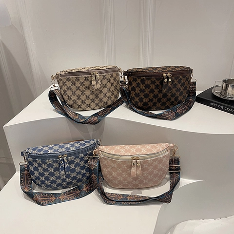 Vintage Monogram Chest Bag For Women Faux Leather Waist Bag With Retro Patterned Wide Shoulder Strap Casual Crossbody Bag