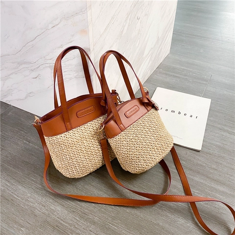 Dames Mode Stro Geweven Emmer Tas Patchwork PU Leer Schoudertas Crossbody Tas Zomer Casual Strand Handtas