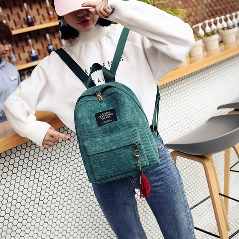 Zaino alla Moda in PU con Texture Velluto a Coste per Donna Studente Borsa Scuola con Ciondolo Nastro Nappine Uso Quotidiano Casual