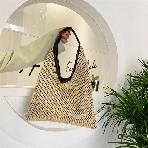 Bolso de Hombro Tejido de Paja Vintage para Mujer Bolso de Playa de Gran Capacidad Color de Contraste Casual Vacaciones