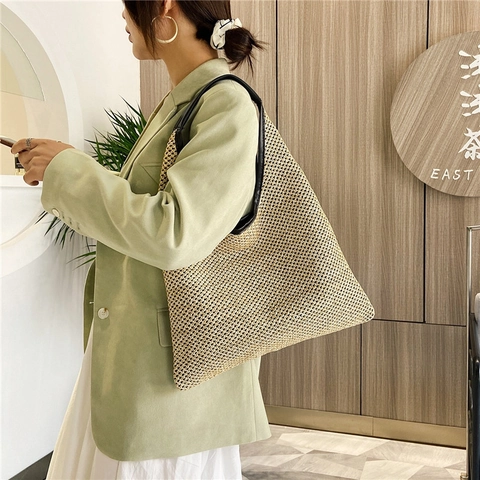 Bolso de Hombro Tejido de Paja Vintage para Mujer Bolso de Playa de Gran Capacidad Color de Contraste Casual Vacaciones