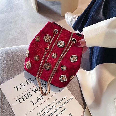 Borsa a Secchiello in Velluto Vintage da Donna con Rivetti in Metallo a Girasole Decorazione a Catena Borsa a Tracolla