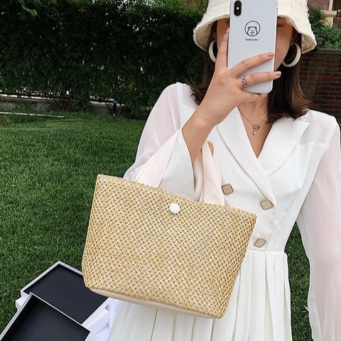 Sac Cabas Tissé en Paille pour Femmes Vintage Été Plage Vacances Sac à Main Décontracté Panier Tissé pour Femmes Voyage Quotidien