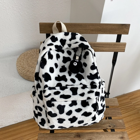 Mochila de Peluche con Estampado de Vaca para Mujer Linda y Suave de Piel Sintética Bolso Escolar Casual Estilo Harajuku