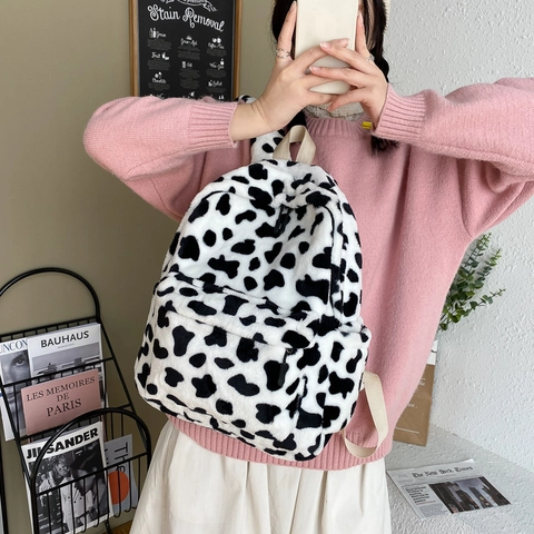 Mochila de Peluche con Estampado de Vaca para Mujer Linda y Suave de Piel Sintética Bolso Escolar Casual Estilo Harajuku