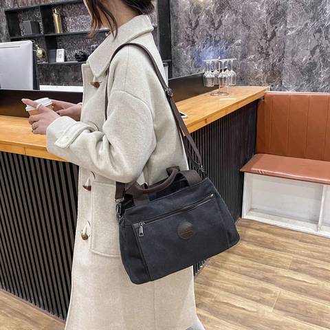 Große Kapazität Canvas Reisetasche Retro Urban Minimalist Damen Schultertasche Umhängetasche Mit Ziernähten