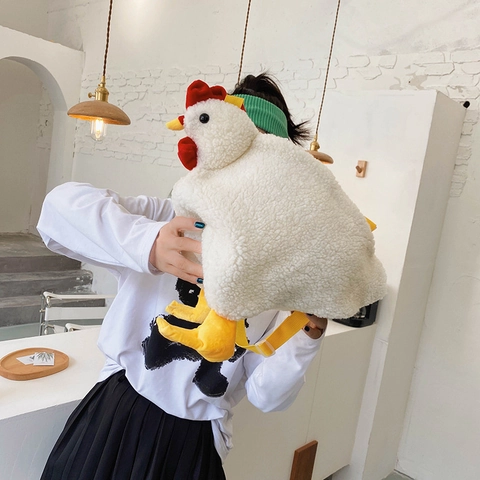 Cartoon Chicken Shape Plush Shoulder Bag Soft Artificial Fur Hen Crossbody Bag For Women Cute Large Capacity Animal Satchel