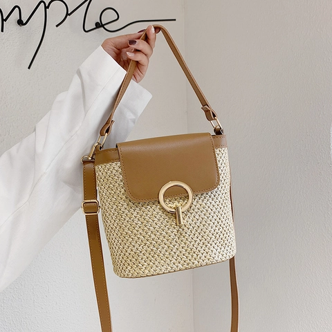 Dames Mode Geweven Stro Emmertas PU Leer Patchwork Schoudertas Crossbody Tas Met Metalen Gesp Vakantie Handtas