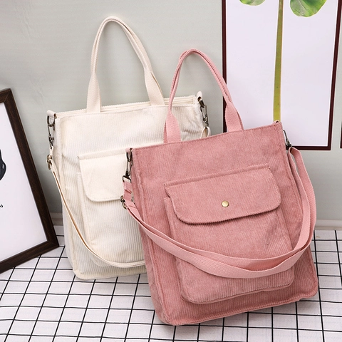 Women's Vintage Corduroy Tote Bag Large Capacity Minimalist Shoulder Crossbody Bag For School Travel Solid Color Handbag