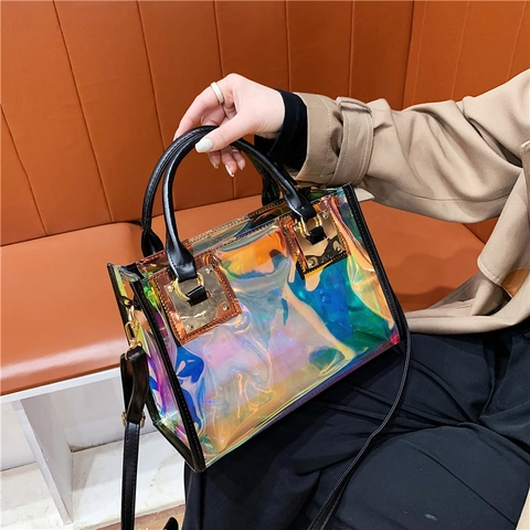 Women Holographic Laser Transparent PVC Tote Handbag Large Capacity Two-in-One Shoulder Crossbody Bag Fashion Neon Beach Purse