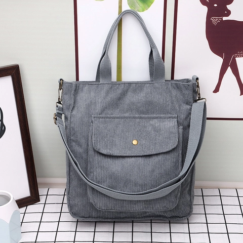 Borsa Tote da Donna in Velluto a Coste Vintage Grande Capacità Minimalista Borsa a Tracolla per Scuola Viaggio Tinta Unita
