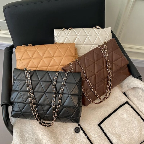 Borsa a Tracolla da Donna in Pelle PU con Trapuntatura a Rombi Catena in Metallo Borsa a Tracolla Casual Quadrata per Ufficio Quotidiano