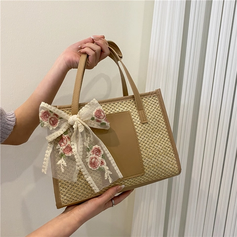 Bolso Tote Tejido para Mujer Con Lazo de Encaje y Bordado Floral Bolso de Hombro Moda Color de Contraste Vacaciones Playa