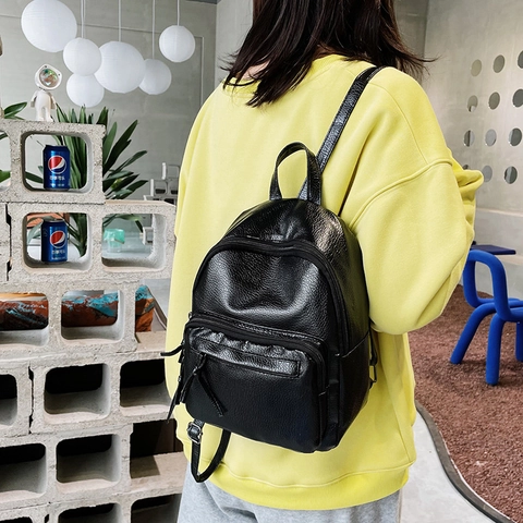 Women Fashion PU Leather Backpack Large Capacity Urban Simple Lychee Texture Solid Color Travel School Casual Backpack