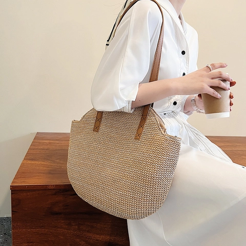 Borsa a Spalla in Paglia Intrecciata Retrò da Donna Grande Capacità Estate Spiaggia Vacanza Borsa Tote Con Manico in Pelle Fatta a Mano