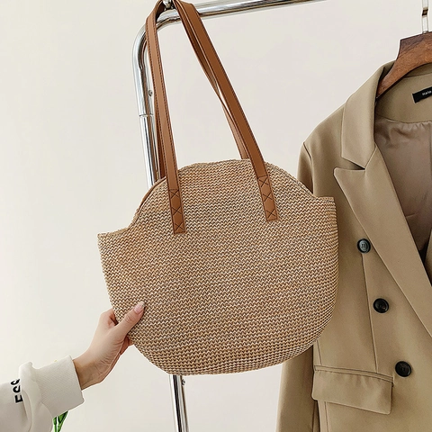 Borsa a Spalla in Paglia Intrecciata Retrò da Donna Grande Capacità Estate Spiaggia Vacanza Borsa Tote Con Manico in Pelle Fatta a Mano