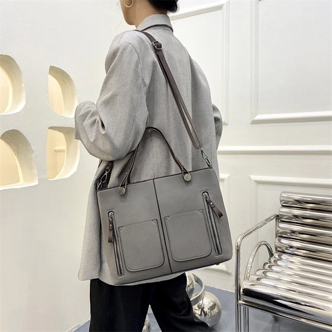 Mode Matte PU-Leder Schoudertas Grote Capaciteit Tote Bag met Dubbele Zakken Vintage Casual Crossbody Tas voor Vrouwen