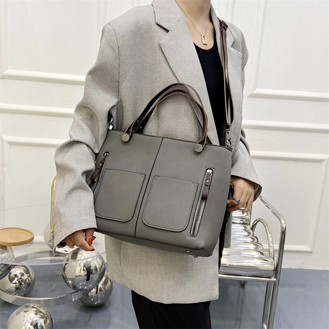 Mode Matte PU-Leder Schoudertas Grote Capaciteit Tote Bag met Dubbele Zakken Vintage Casual Crossbody Tas voor Vrouwen