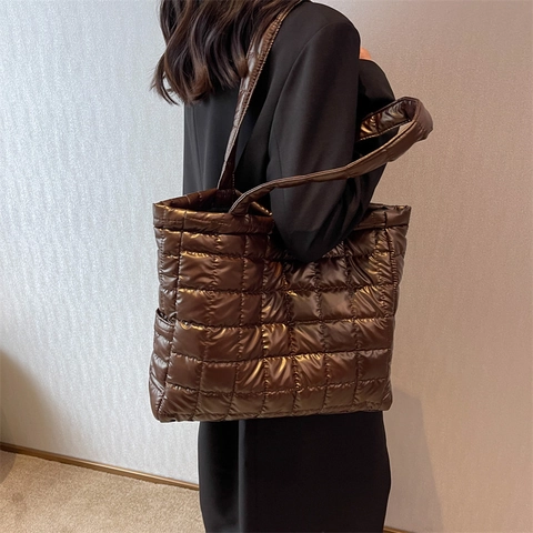 Gesteppte Tragetasche Aus Glänzendem Nylon Für Damen Große Kapazität Gittermuster Schultertasche Pendler Mode Handtasche