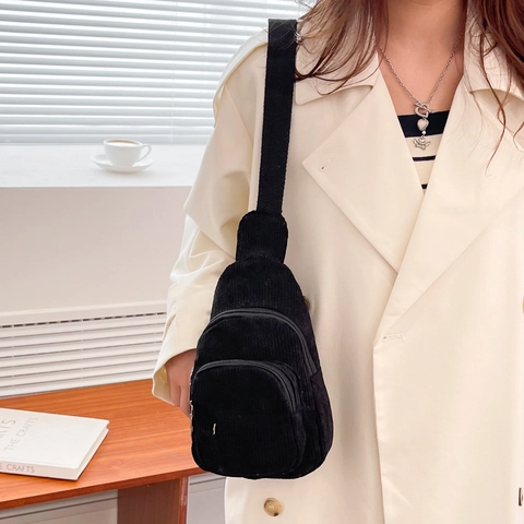 Casual Corduroy Chest Bag For Women Simple Solid Color Crossbody Bag With Adjustable Strap Multi Pocket Sling Shoulder Bag