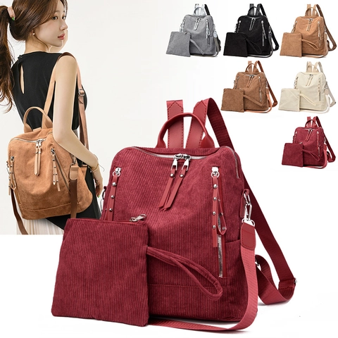 Women's Corduroy Backpack Set Vintage Korean Style Multi-Pocket School Bag For Teen Girls Fashion Travel Rucksack With Small Pouch