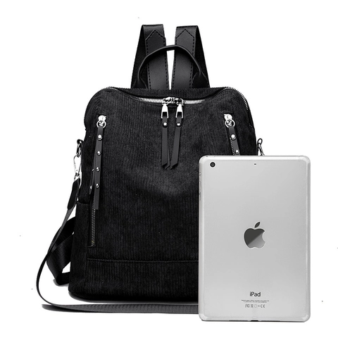 Women's Corduroy Backpack Set Vintage Korean Style Multi-Pocket School Bag For Teen Girls Fashion Travel Rucksack With Small Pouch
