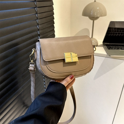 Vintage Urban Semplice Borsa a Sella in Pelle PU per Donna Moda Tinta Unita Patta Borsa a Tracolla Con Fibbia in Metallo