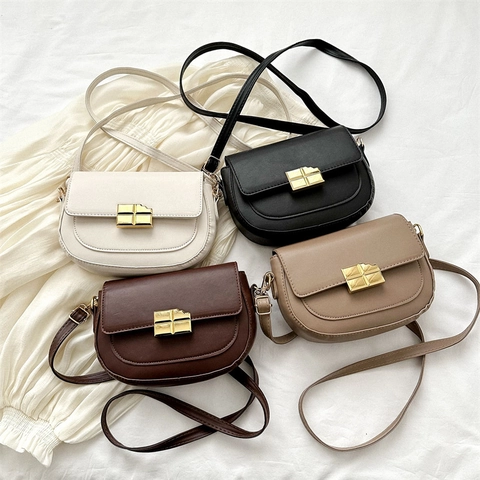 Vintage Urban Semplice Borsa a Sella in Pelle PU per Donna Moda Tinta Unita Patta Borsa a Tracolla Con Fibbia in Metallo