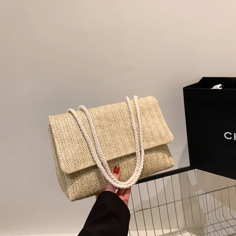 Bolso de Hombro de Paja Tejida de Moda para Mujer Bolso Bandolera de Vacaciones de Verano con Correa de Cuerda